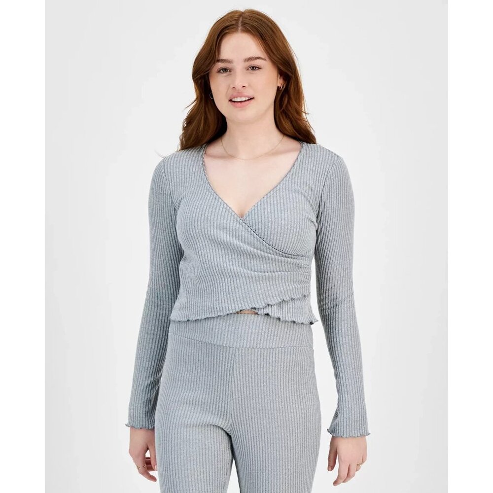 Planet Heart Juniors' Surplice-Neck Ribbed Long Sleeve Top Gray Size S